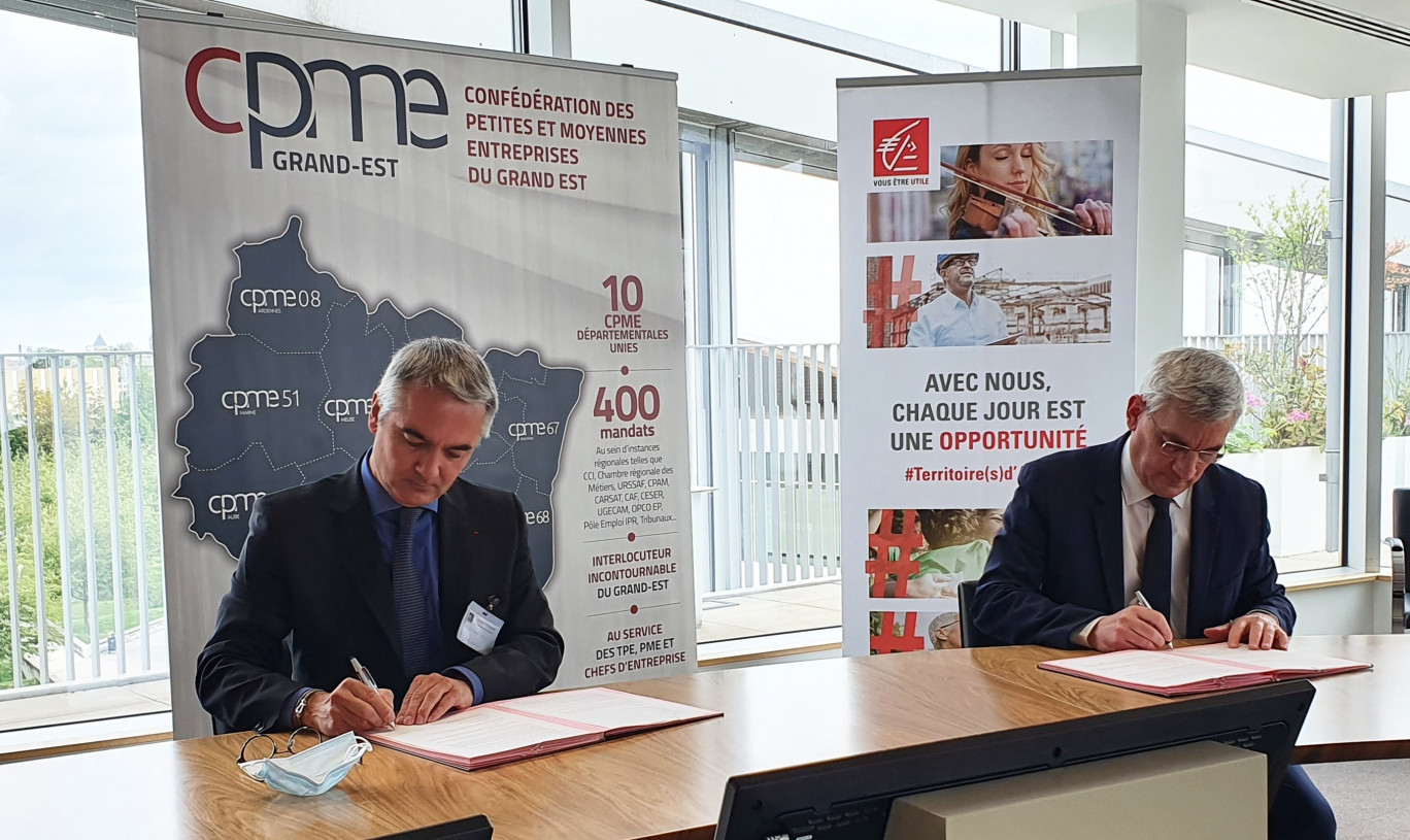Stéphane Heit, président de la CPME Grand Est et Bruno Deletré, président du directoire de la Caisse d’Épargne Grand Est Europe, viennent de signer une convention de partenariat le 21 mai.