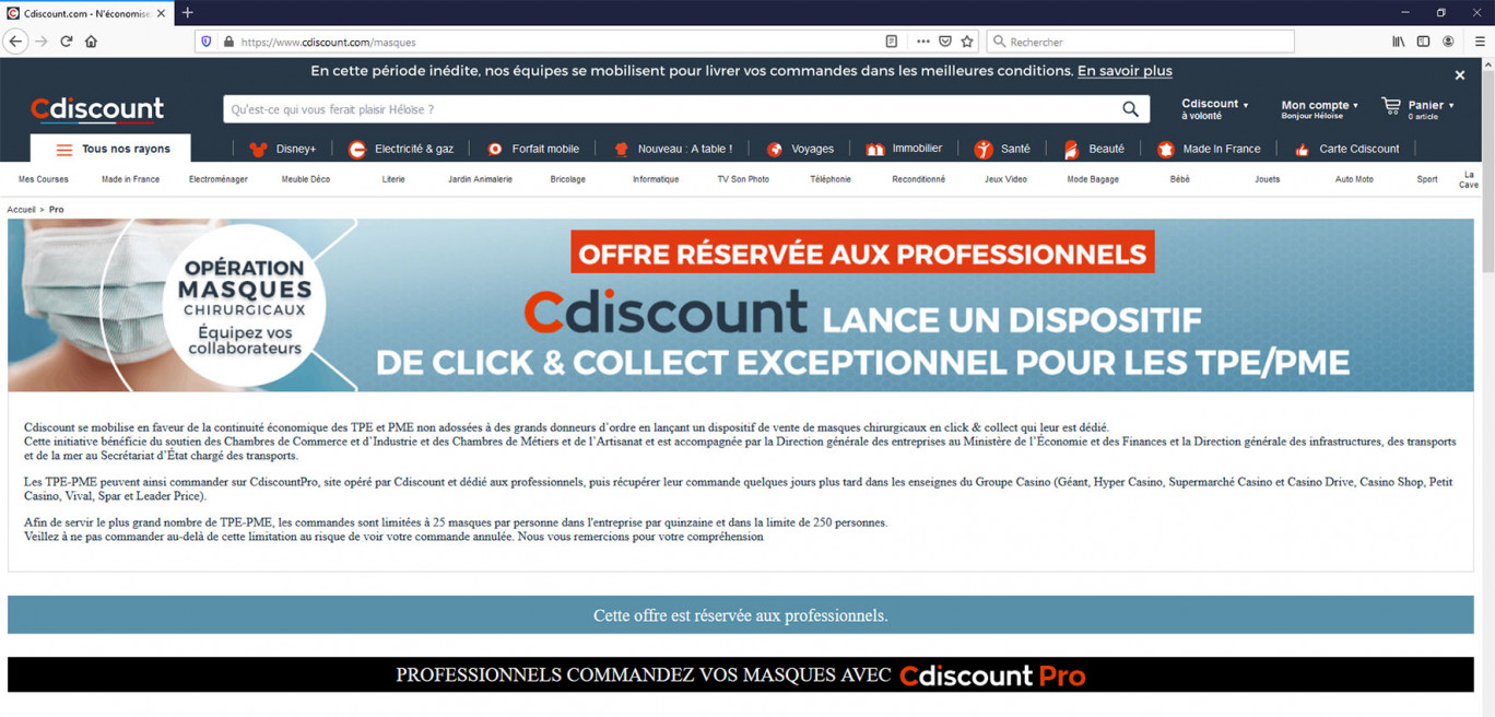 Cdiscount : Opération masques pour les TPE/PME