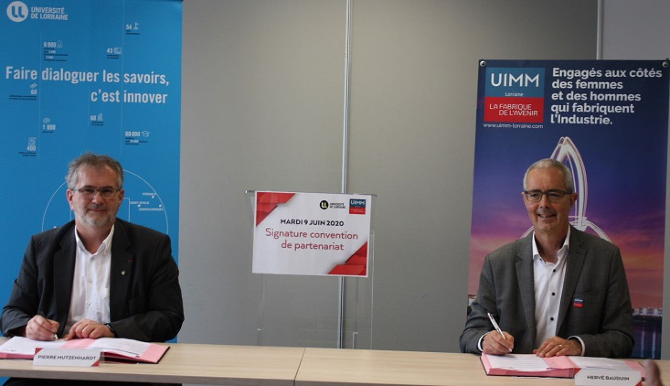 Union sacrée entre l’Université et l’UIMM Lorraine à l’occasion de la signature d’un partenariat de cinq ans entre Pierre Mutzenhardt (à gauche), le président de l’Université de Lorraine et Hervé Baudin son homologue de l’UIMM.
