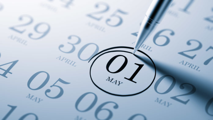 May 01 written on a calendar to remind you an important appointm